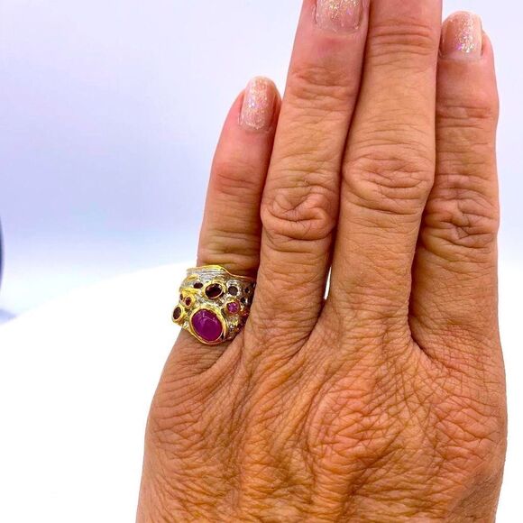 Ring, NWOT, solid 925 sterling silver, 22 K gold, orange sapphires and rubies, - Picture 3 of 15